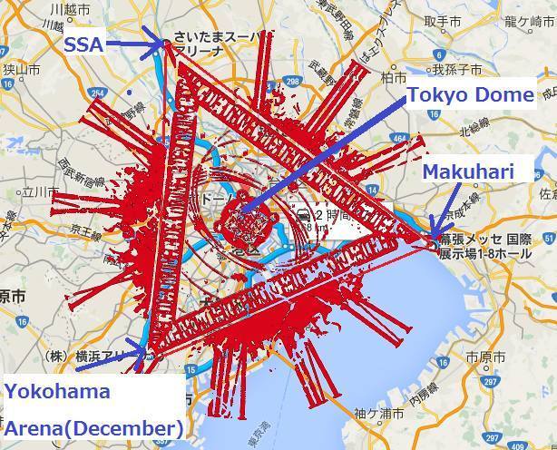 Tokyo Dome at the center of Saitama Super Arena, Makuhari Messe, and Yokohama Arena