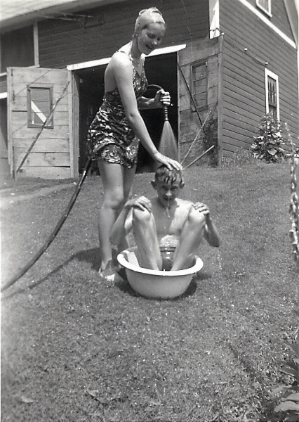 Frances Ann Cates and Richard Putnam bathing at 24 Center Street, Leeds, MA, abt 1937