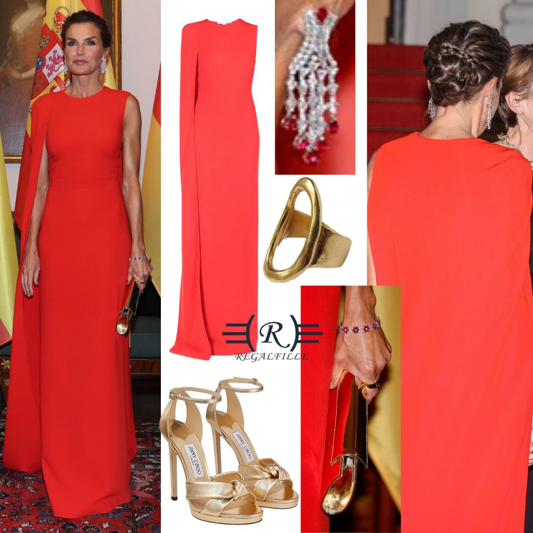 Queen Letizia of Spain wore a Stella McCartney Cecilia sleeveless cape gown with diamond and ruby earrings and bracelet with Jimmy Choo Rosie 120 sandals, Magrit golden clutch and Karen Hallam ring at the State banquet hosted by the President and First Lady of German