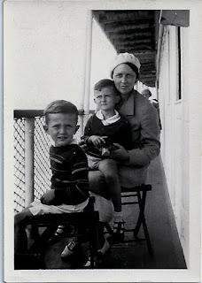 Mary, Robert and Richard Putnam on boat during trip to Plymouth, MA, 1932