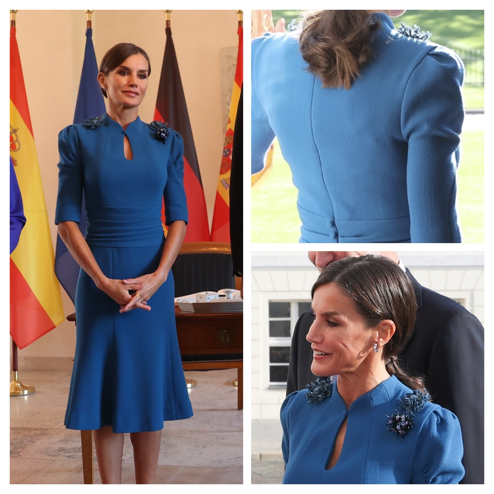 Queen Letizia wore a cornflower blue Carolina Herrera dress with Bulgari hoops, a Karen Hallam ring and Magrit shoes and a Bag for the welcome ceremony in Germany