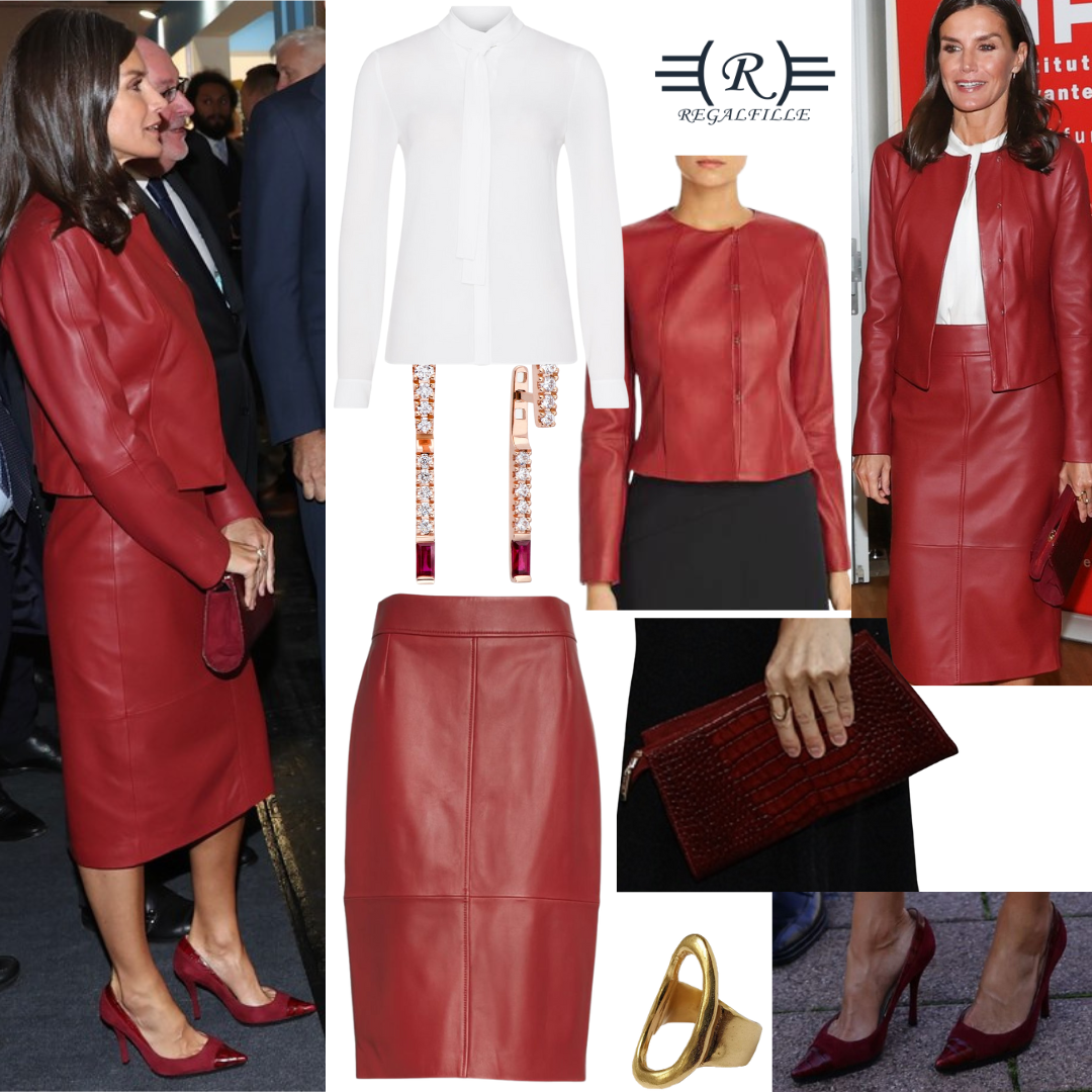 On the last day of the German state visit, Queen Letizia of Spain wore Hugo Boss Sabarbie Cropped Leather Jacket with Hugo Boss Selrita Pencil Skirt and Hugo Boss Banika blouse paired with a Magrit suede-leather trimmed pumps and Mara bag, Gold and Roses Needle earrings and Karen Hallam ring.