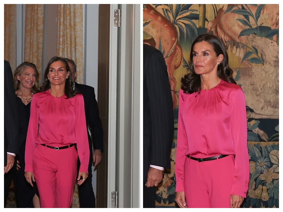 Queen Letizia of Spain wore a Hugo Boss Banora blouse with Hugo Boss Tiluna1 Trousers and belt with Isabel Abdo Carrie Suede black pumps, Gold & Roses Shewel Triple Hoops and Karen Hallam ring in Berlin, Germany.