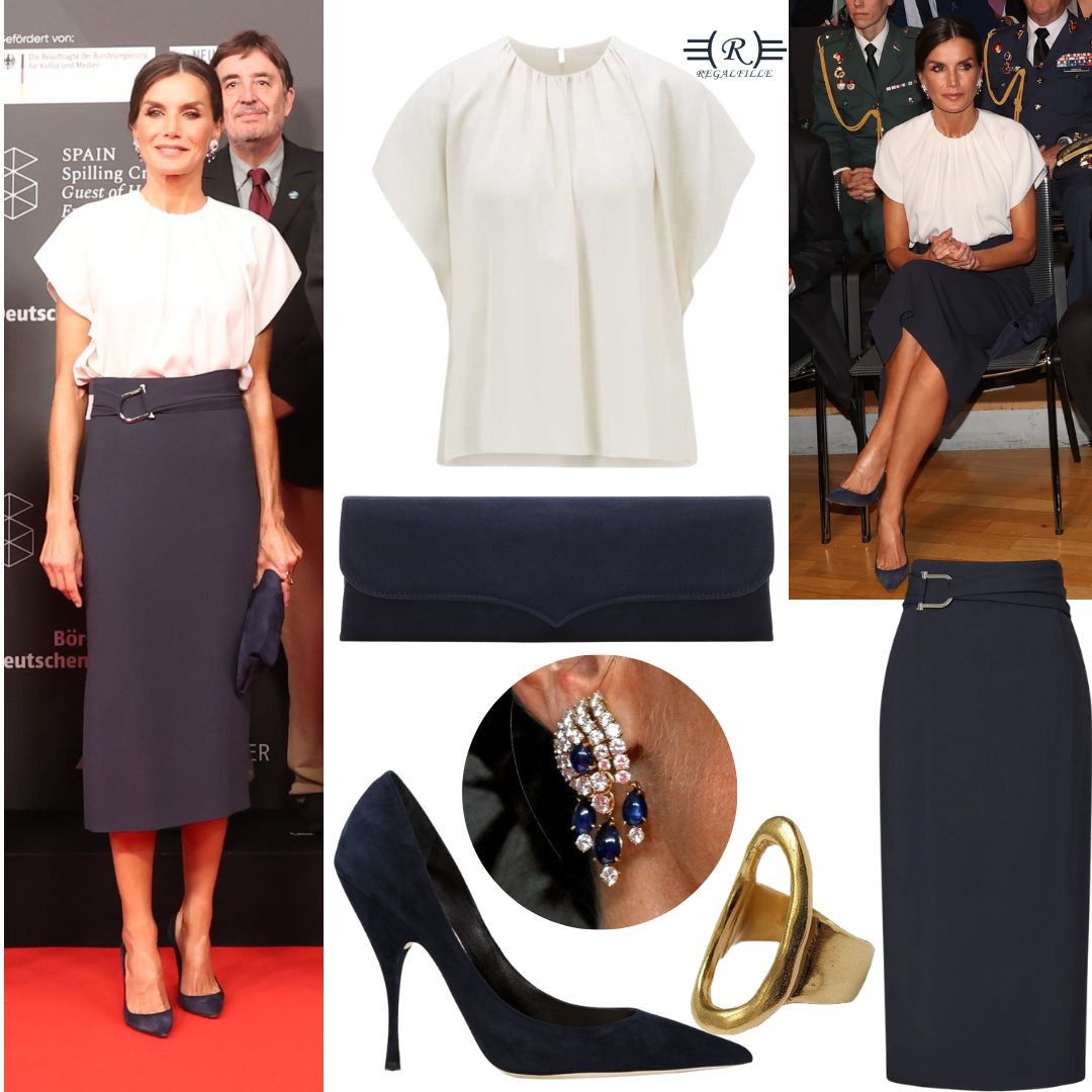 Queen Letizia of Spain wore Hugo Boss Ibanisy SS Pleated Top with Hugo Boss Verinala Skirt teamed up with her Mother in Law #QueenSofia's diamond and Sapphire earrings, Magrit bag and Nina Ricci shoes with a Karen Hallam ring