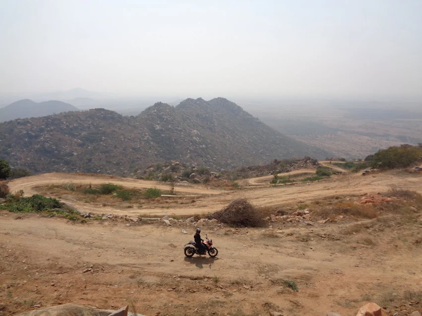 Arun and Karthik on their bikes at the base of Penukonda Fort hill